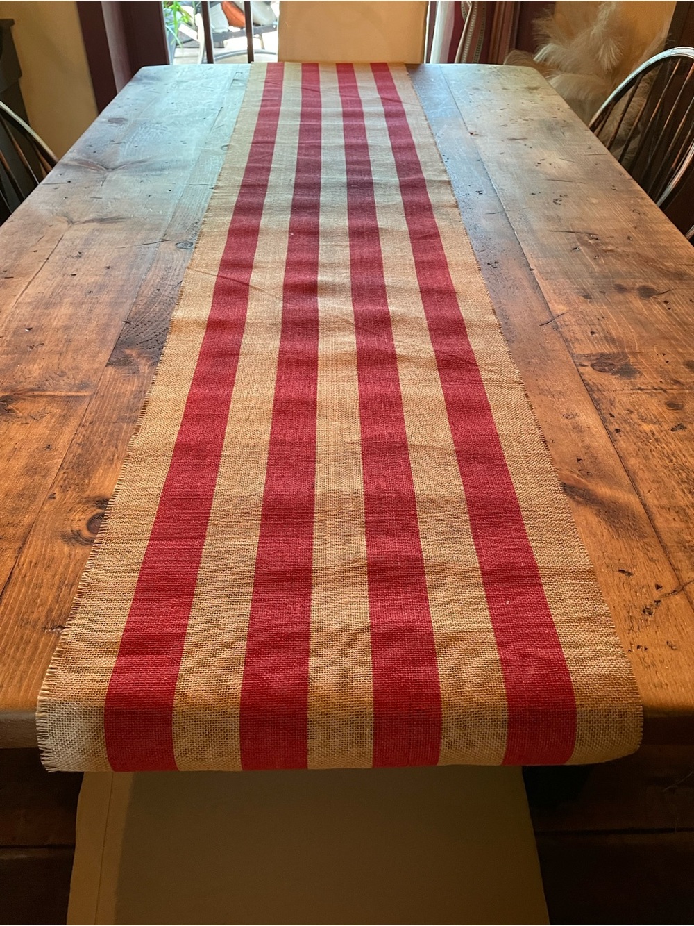 Striped Red and Natural Burlap Table Runner -